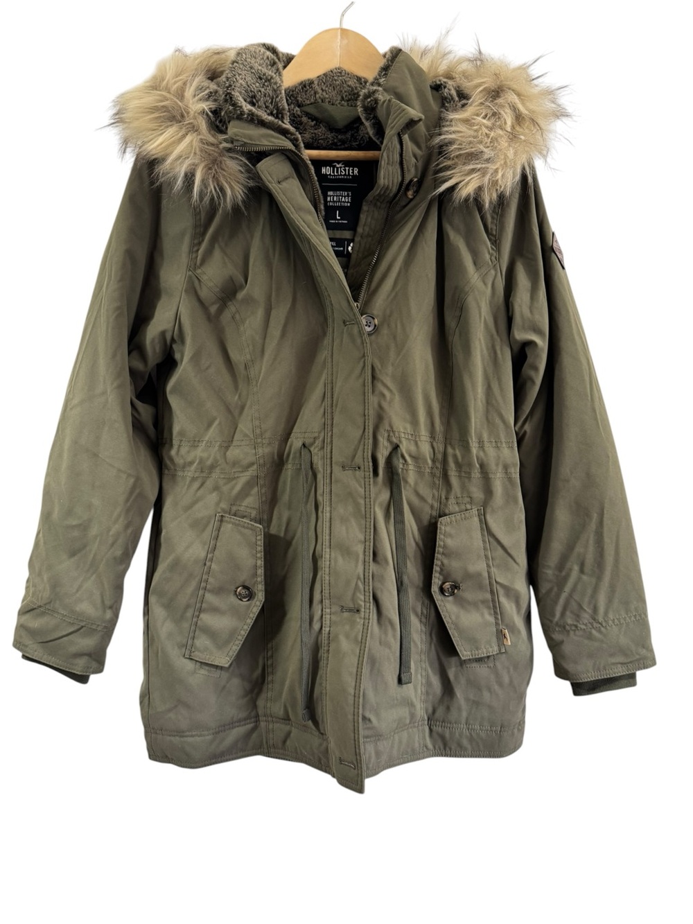 Hollister olive green sherpa-lined faux-fur trimmed hooded parka Size large